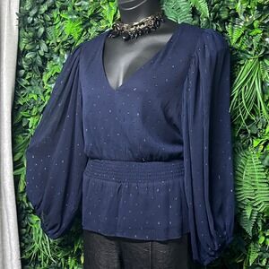 MSK Top Women's XL Blue Sparkle V Neck Smocked Waist Bishop Sleeve Blouse 3241